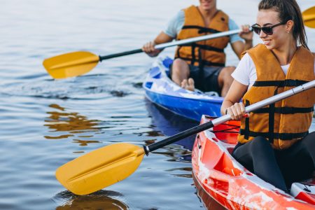 Couple Together Kayaking River Scaled 450x300